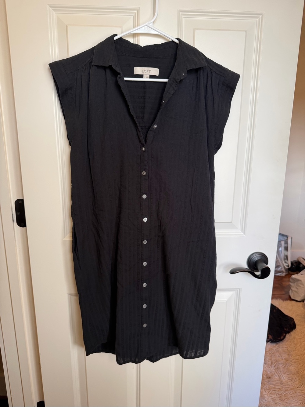 LOFT Black Textured Button-Front Dress